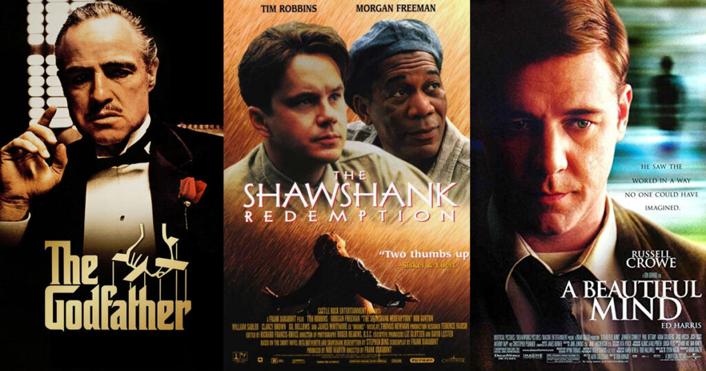 Pôsteres dos filmes O Poderoso Chefão, Um Sonho de Liberdade e Uma Mente Brilhante, com seus protagonistas em destaque.