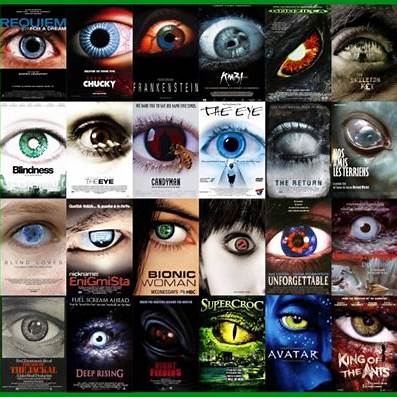 Colagem de pôsteres de filmes com olhos em close-up, incluindo O Olho, Avatar e Blindness.