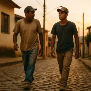 Dois pedreiros — um mais velho e um jovem — sobem uma rua íngreme ao entardecer, simbolizando foco e urgência diante do tempo.
