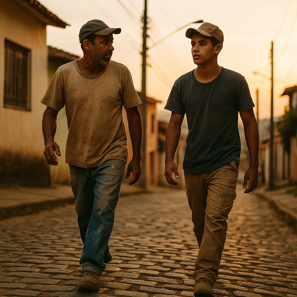 Dois pedreiros — um mais velho e um jovem — sobem uma rua íngreme ao entardecer, simbolizando foco e urgência diante do tempo.