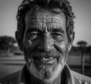 Retrato em preto e branco de homem mais velho sorrindo, com rugas marcadas.
