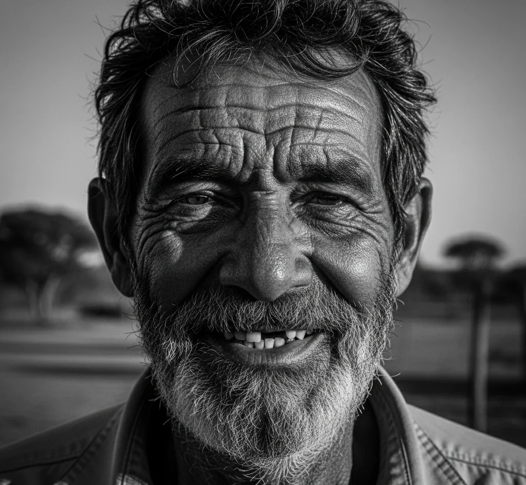 Retrato em preto e branco de homem mais velho sorrindo, com rugas marcadas.