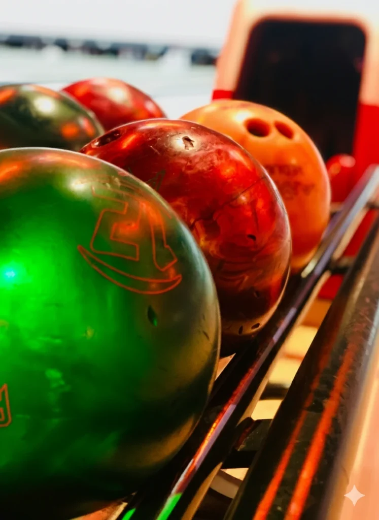 Bolas de boliche coloridas em fila, simbolizando escolha e parceria.