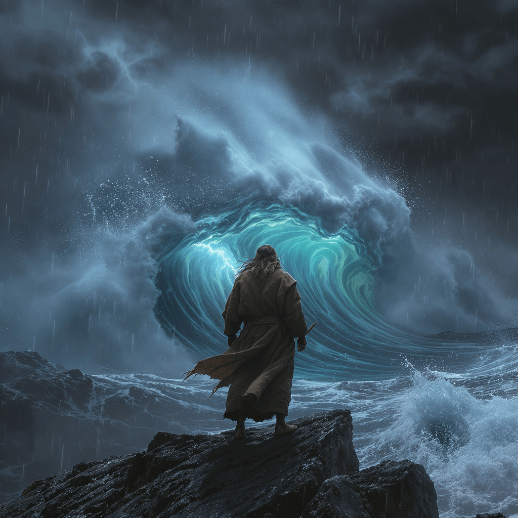 Personagem de capa, de costas, em penhasco diante de ondas gigantes e redemoinho no mar.