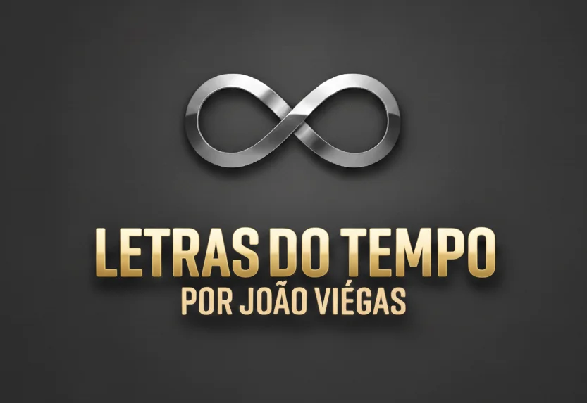 Logo Letras do Tempo por João Viégas, com símbolo de infinito metálico e texto dourado.