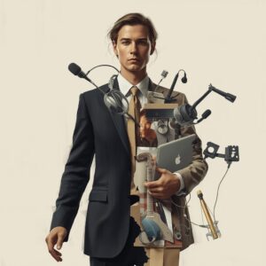 Ilustração artística de um profissional moderno parcialmente formado por diferentes ferramentas de trabalho, representando a fragmentação e a busca por coerência psíquica na era da performatividade.